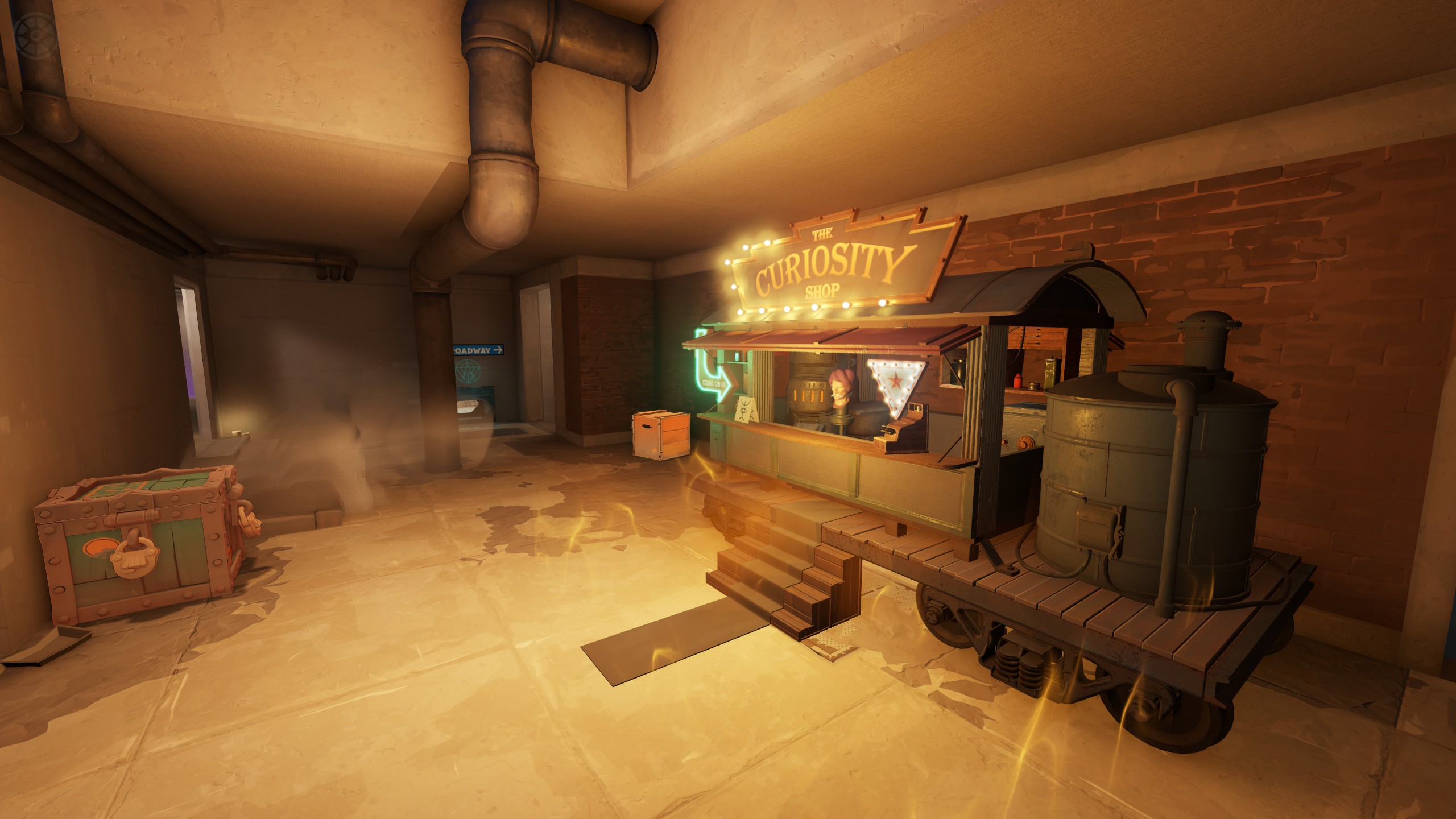 A Curiosity Shop stall under an illuminated sign.