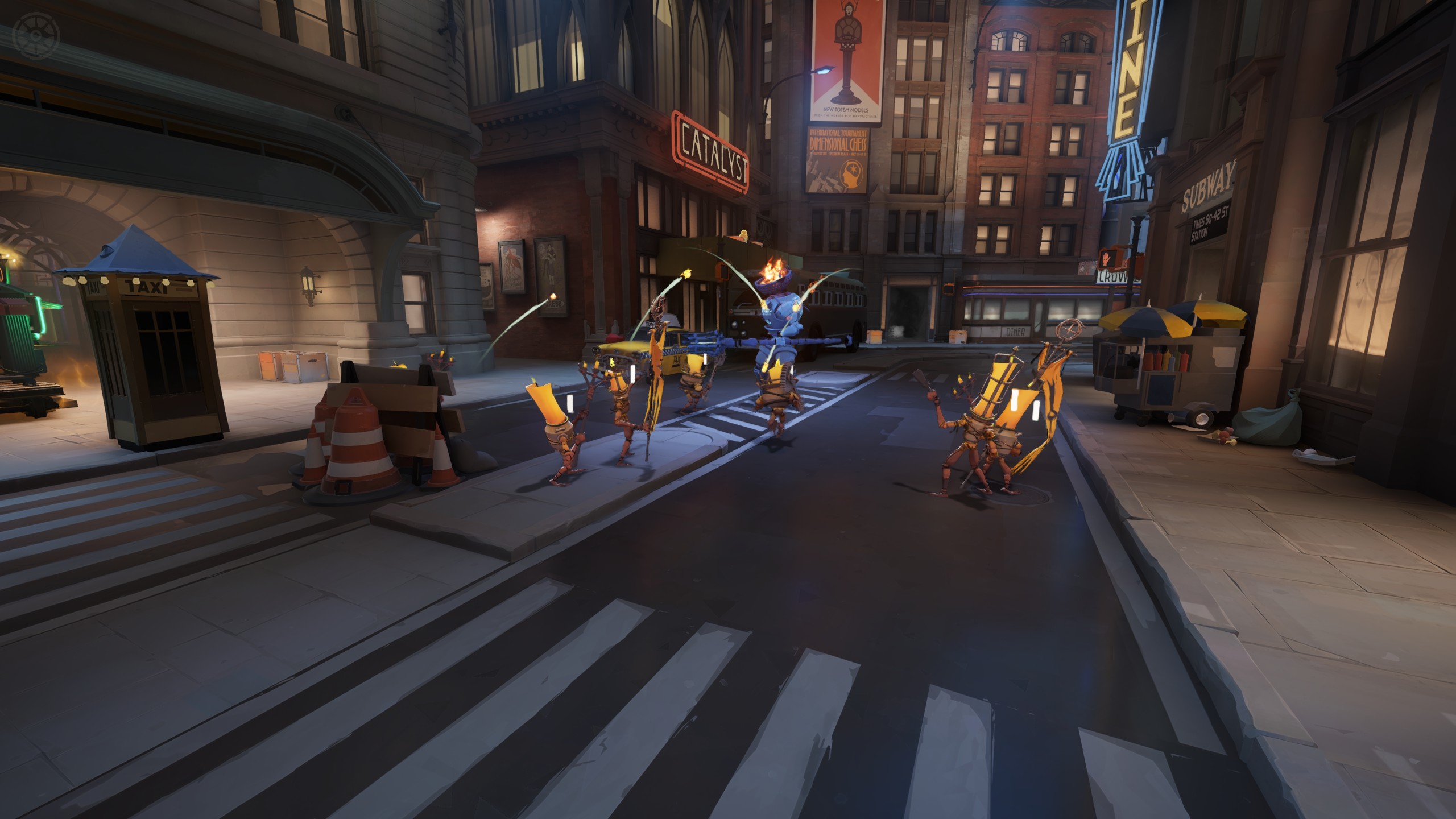 A trooper wave pushed up to an enemy Guardian in the lane.