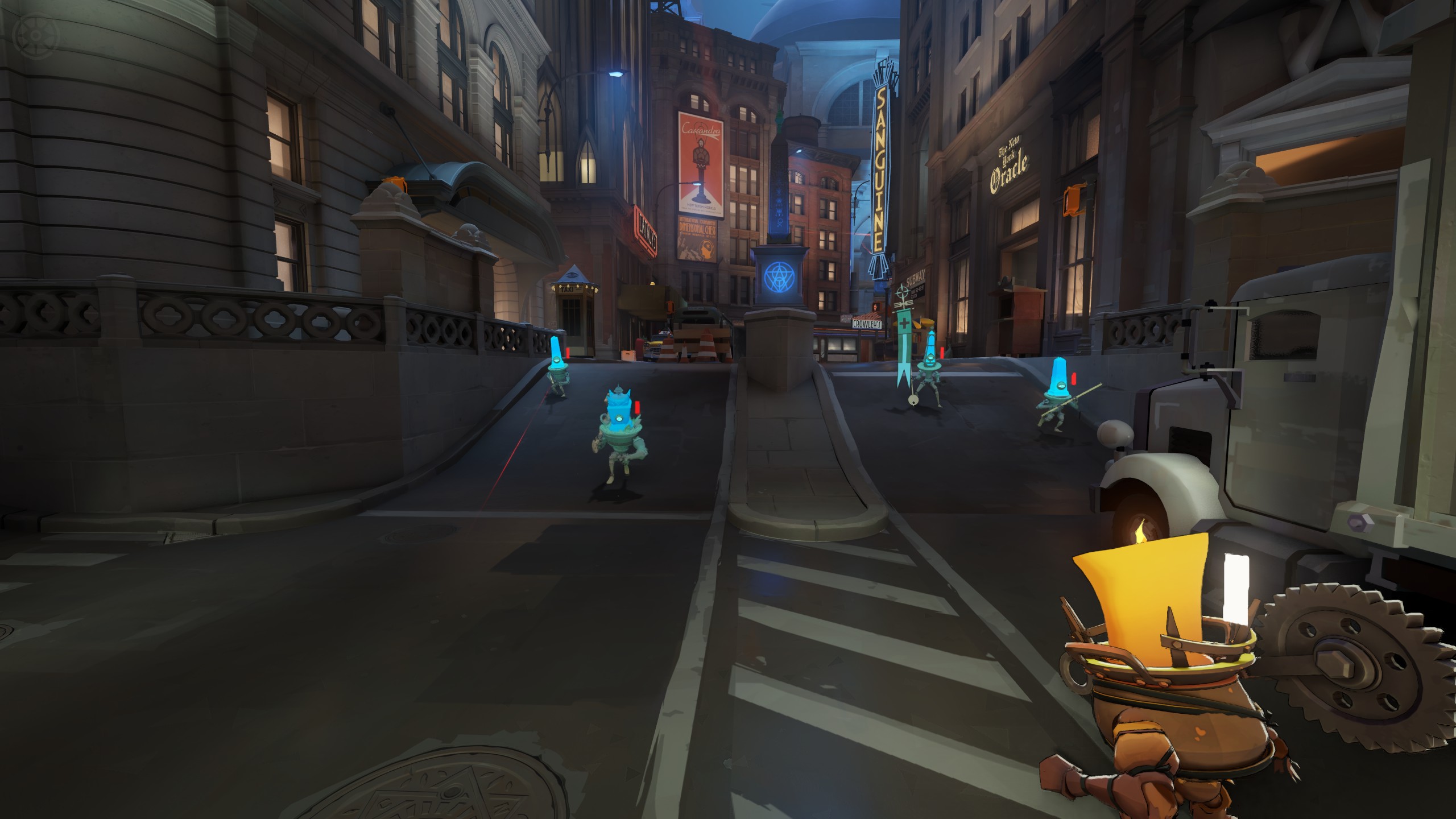 Lane troopers with glowing heads spread along the street.
