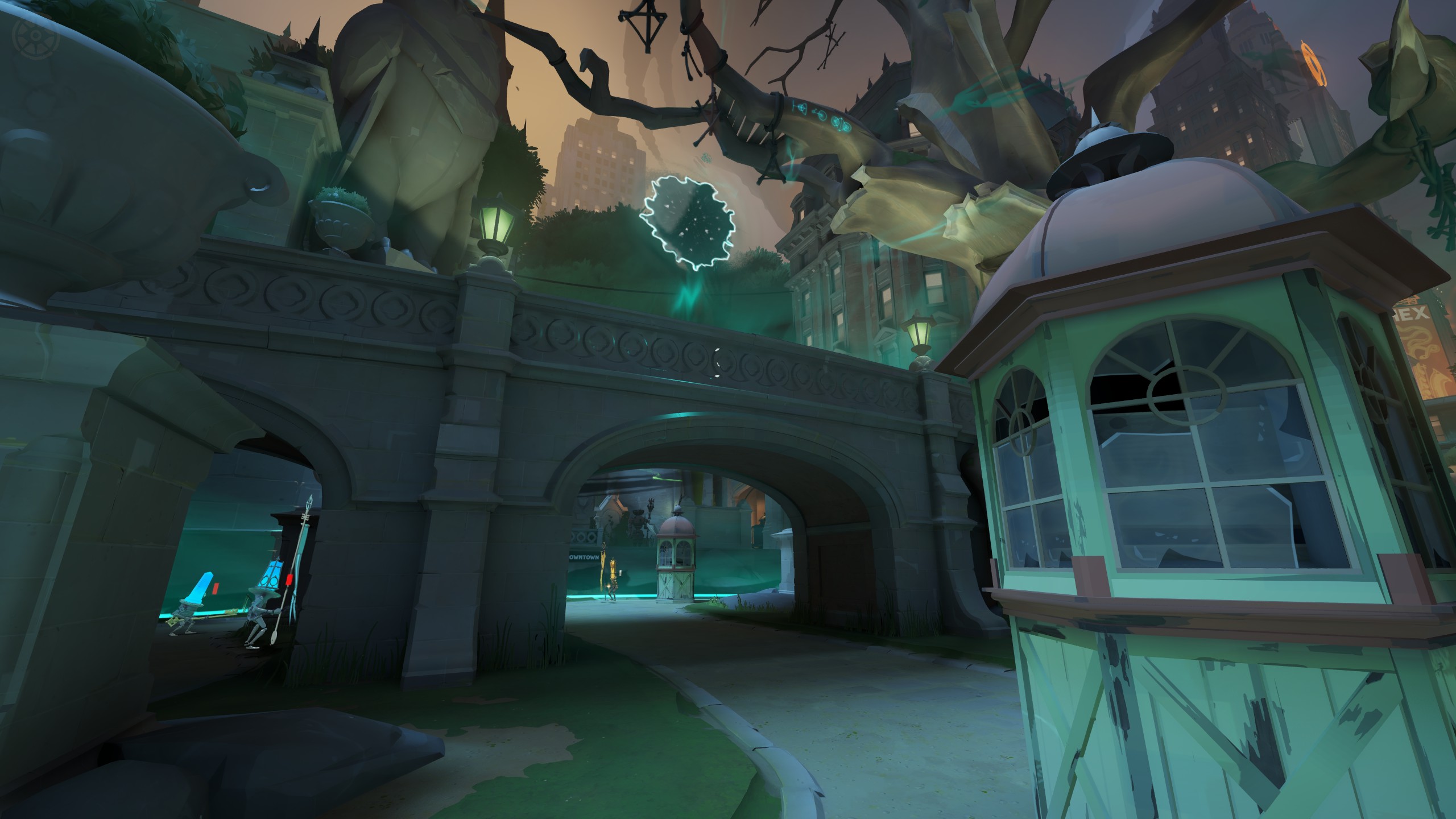 A glowing rift above a passage through the city.