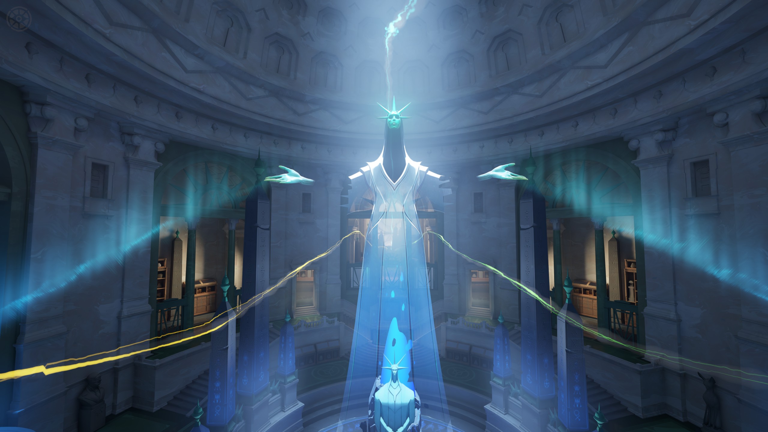 The luminous Archmother suspended in a blue-lit rotunda.