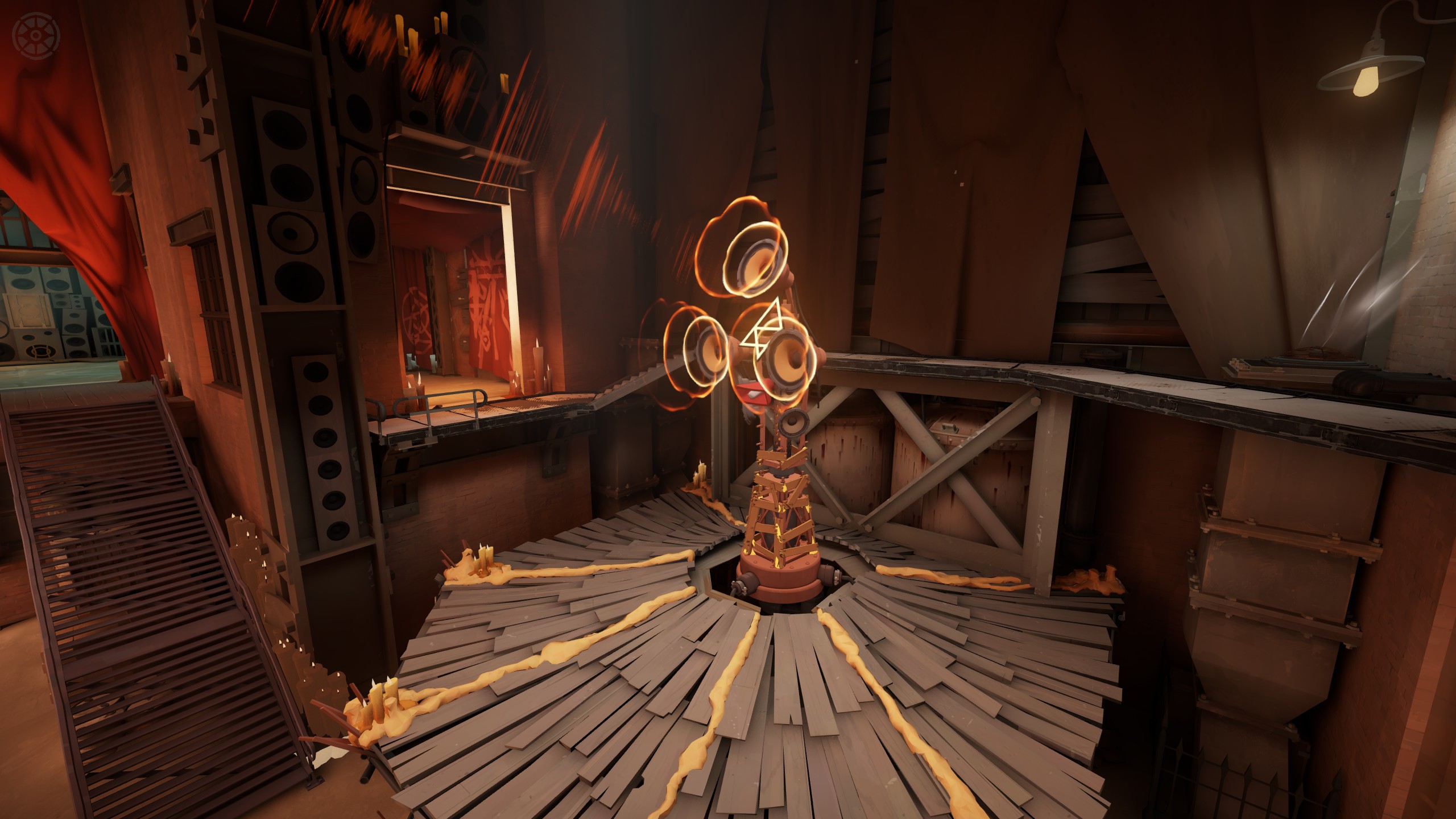 The Hidden King Shrine, with circular horn-like elements on a wooden platform.
