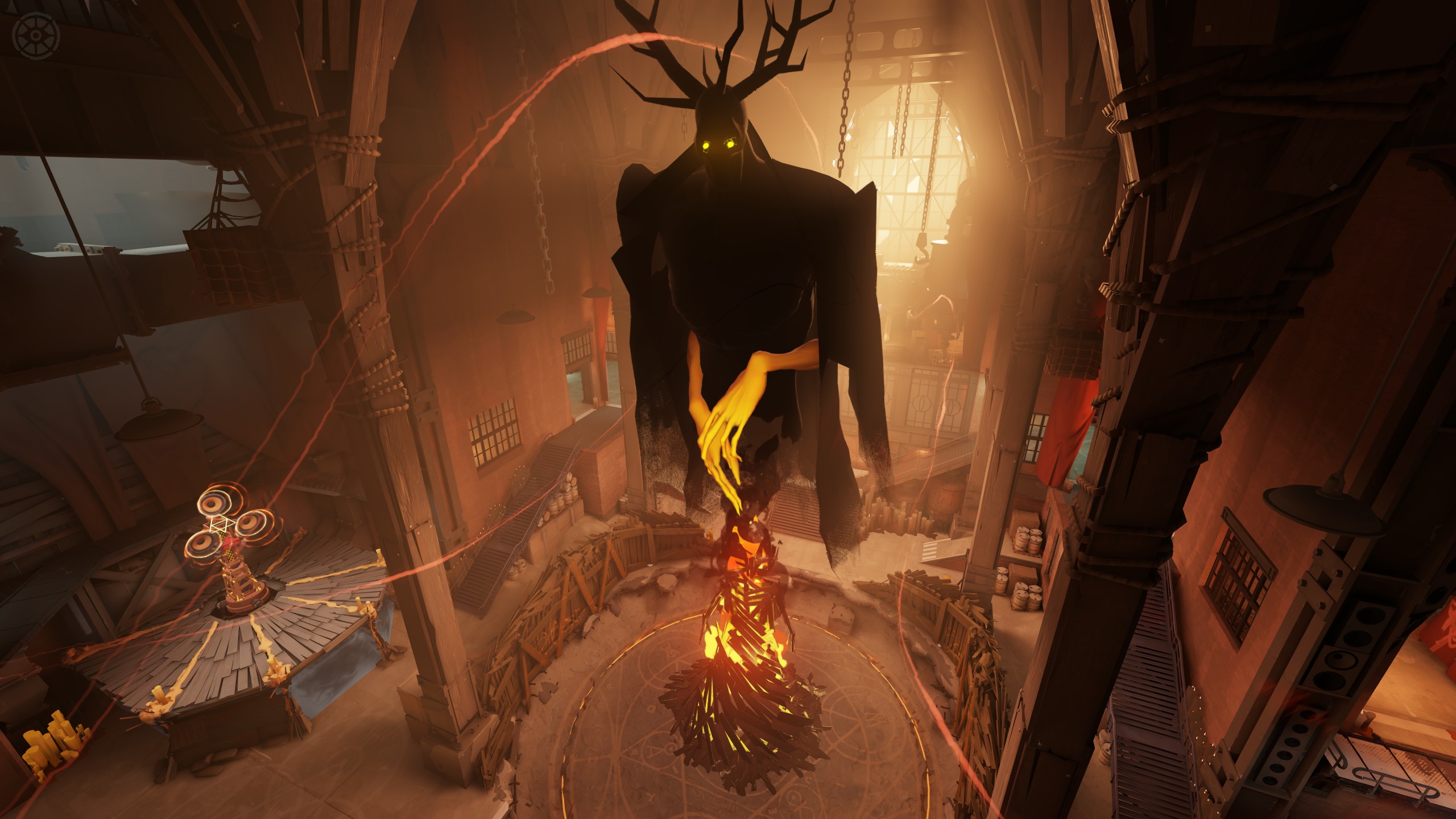 The Hidden King suspended above a glowing wooden form in an amber-lit hall.