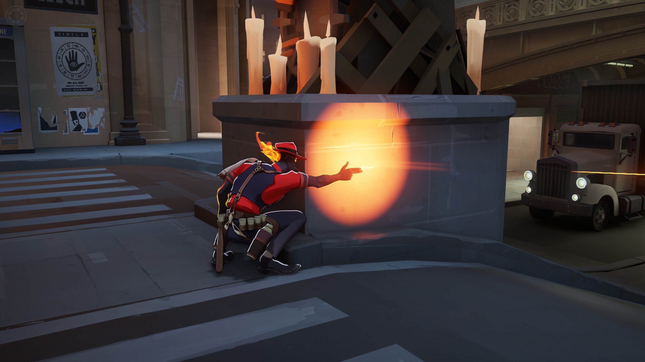 A hero fires from beside a stone monument topped with candles.