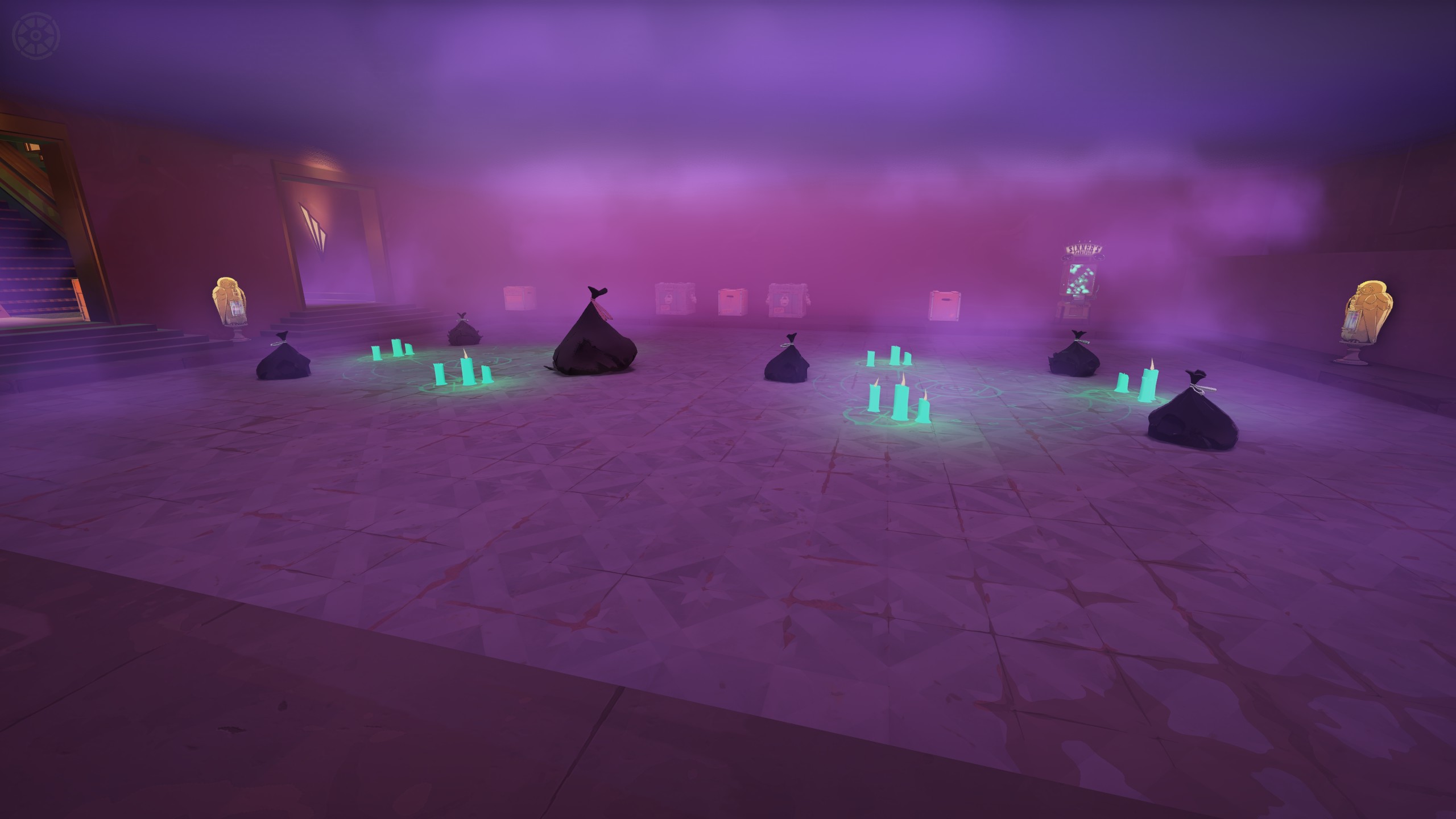 Haunts and glowing candles in the purple haze of Sunken Plaza.
