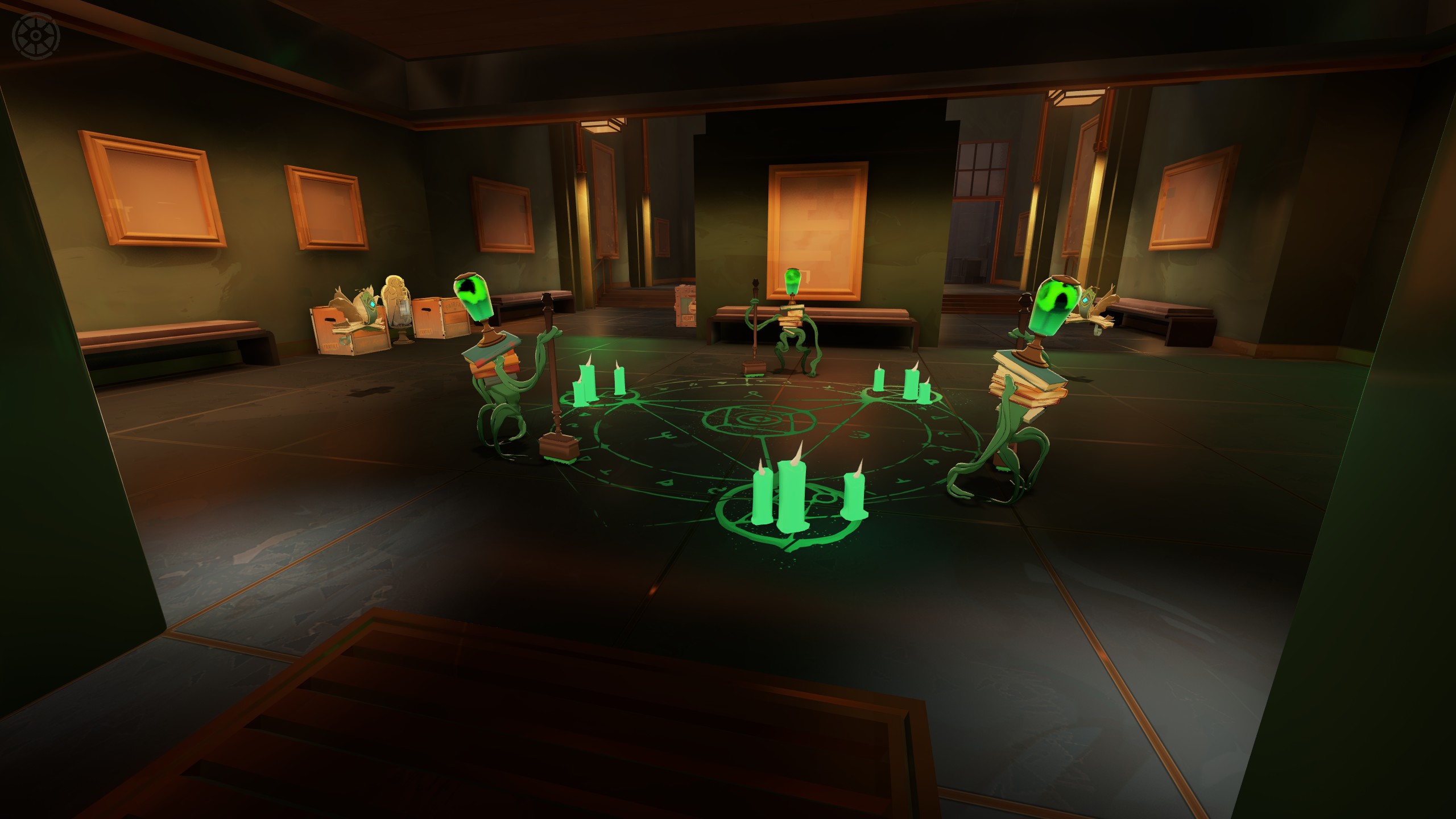Three Haunts with glowing green heads and stacks of books around a candlelit floor symbol in a gallery.