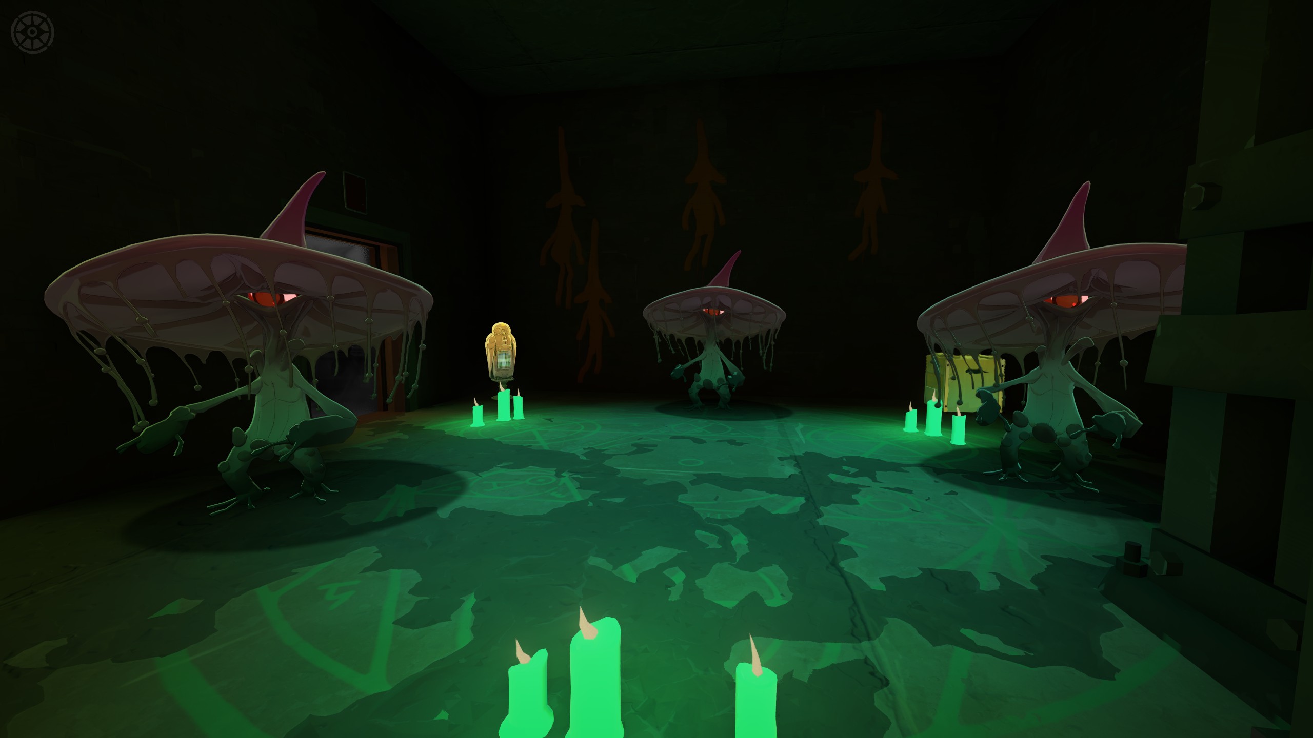 Three Haunts with broad mushroom-like caps and red eyes around green candles.