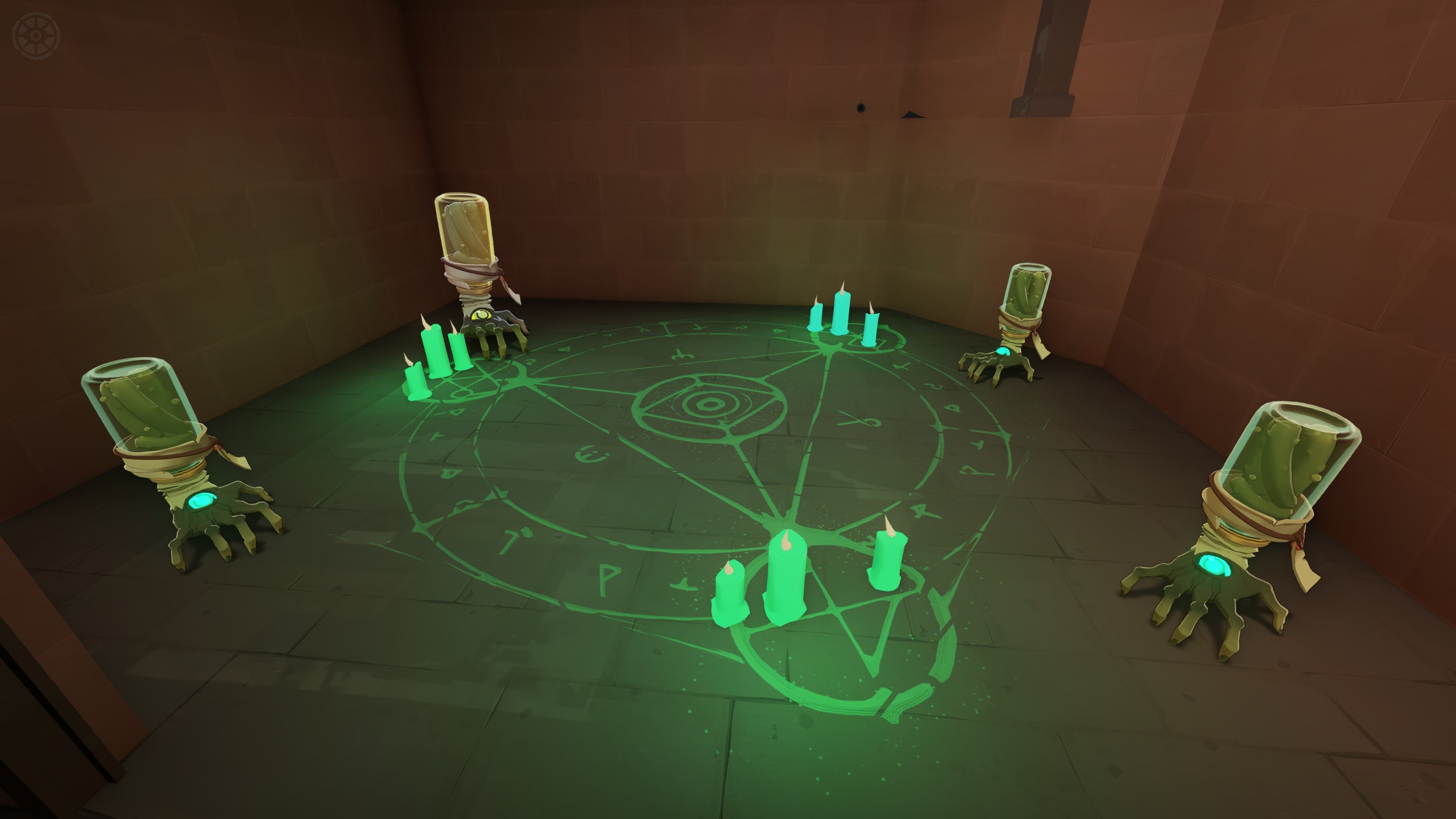 Four hand-like Haunts supporting glass jars around a glowing green camp circle in a brick room.