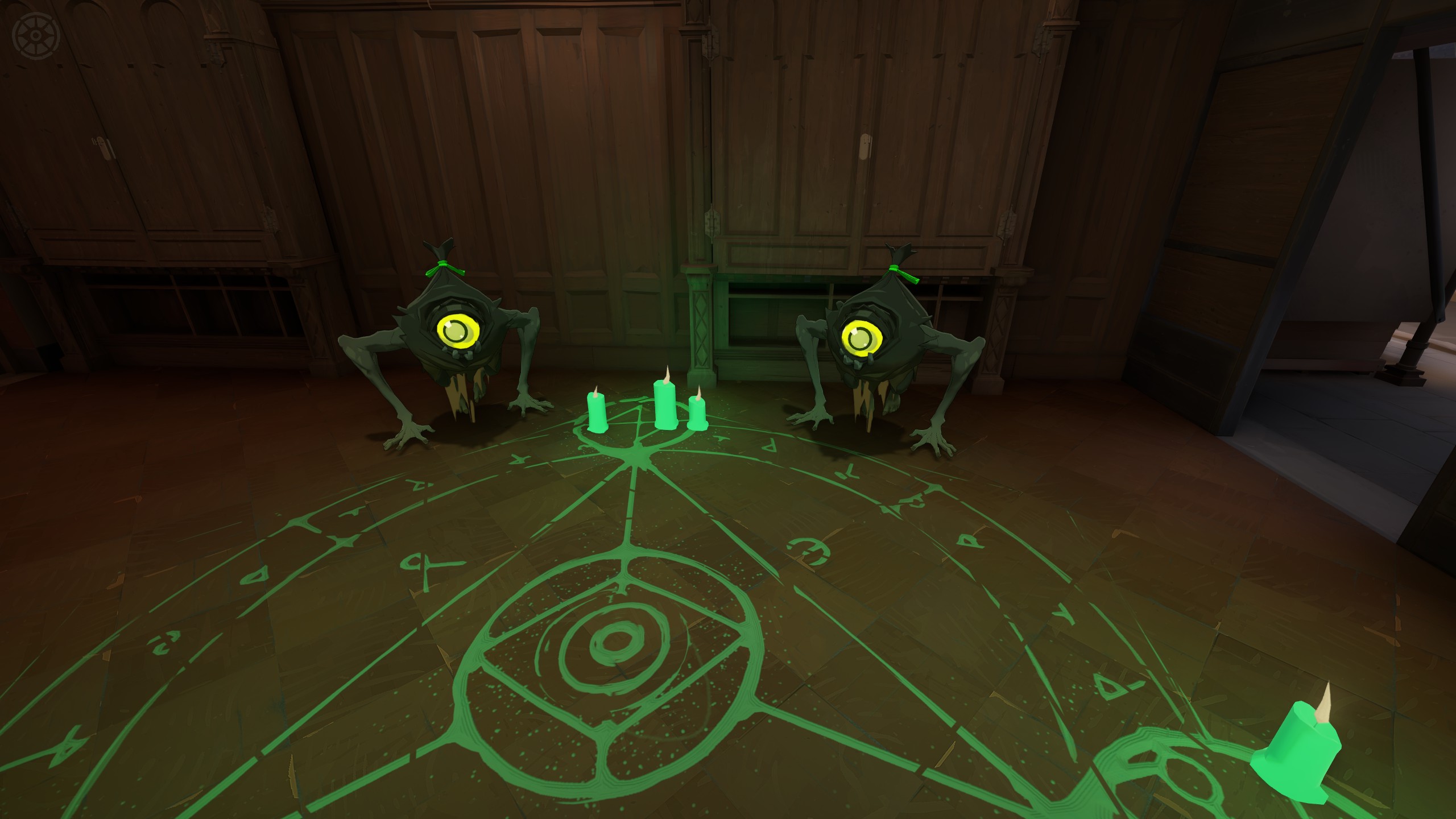 Two dark, long-armed Haunts with round yellow eyes beside glowing green candles.