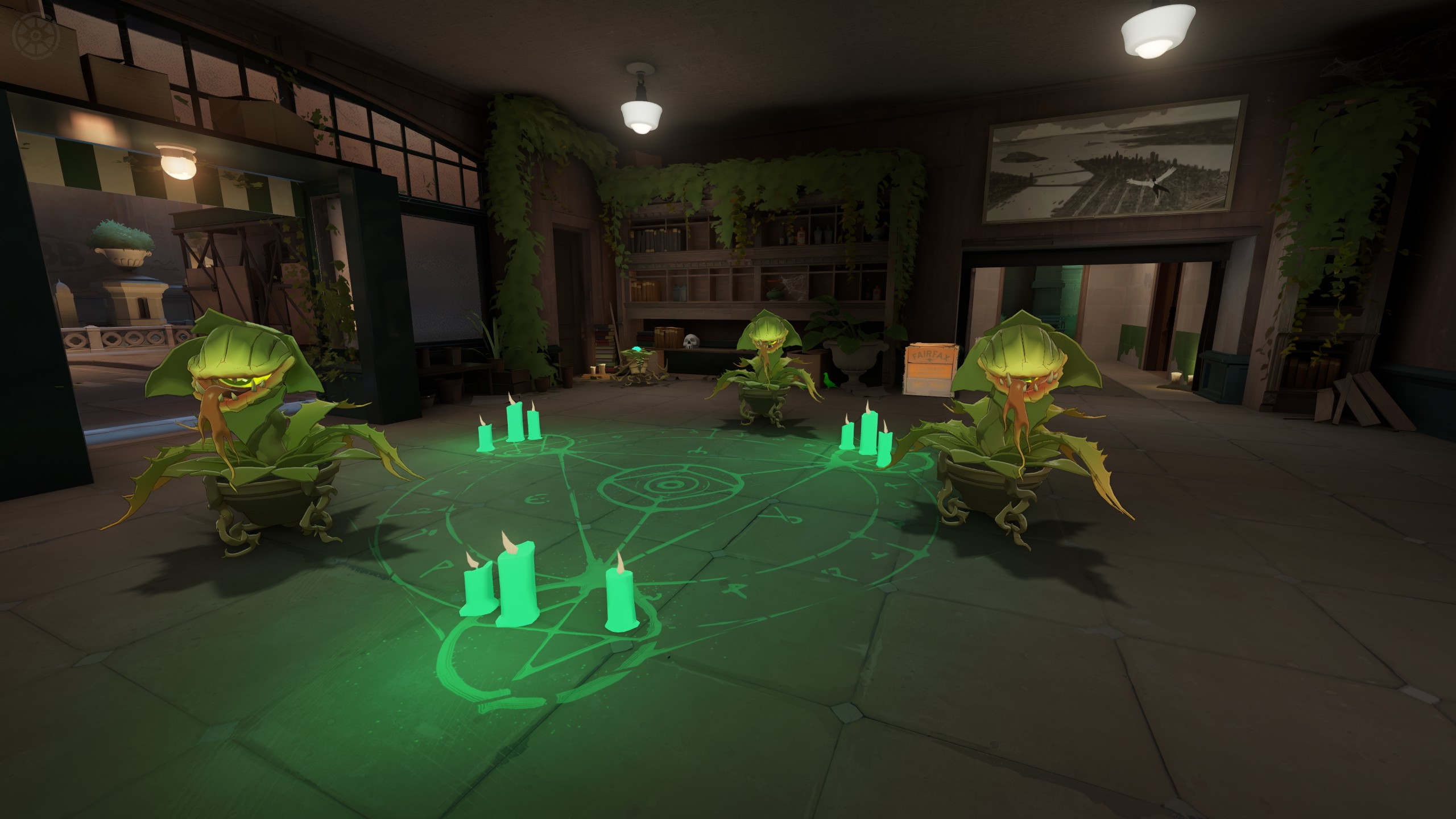 Three green plant-like Haunts with open mouths, surrounded by bookshelves, vines, and green candles.