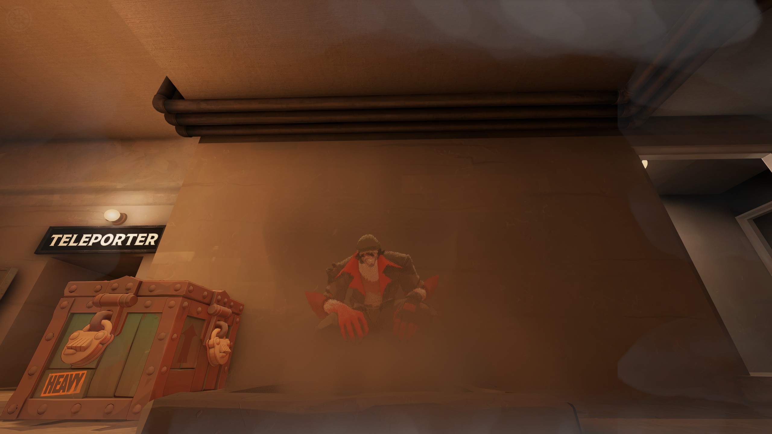 Drifter partly obscured by rising steam beside a Tough Crate and a Teleporter sign.