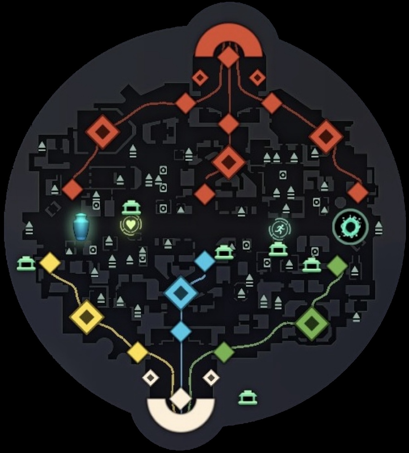 Minimap from the Hidden King, with yellow York on the left, blue Broadway in the middle, and green Greenwich on the right.