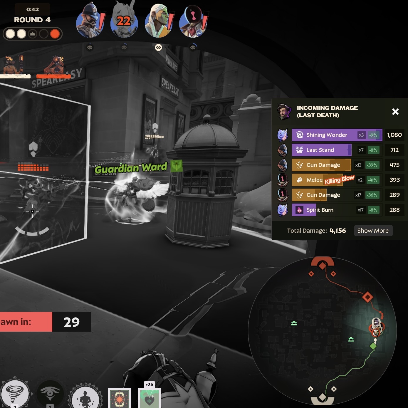 A death recap showing Spirit abilities as the largest sources of incoming damage.