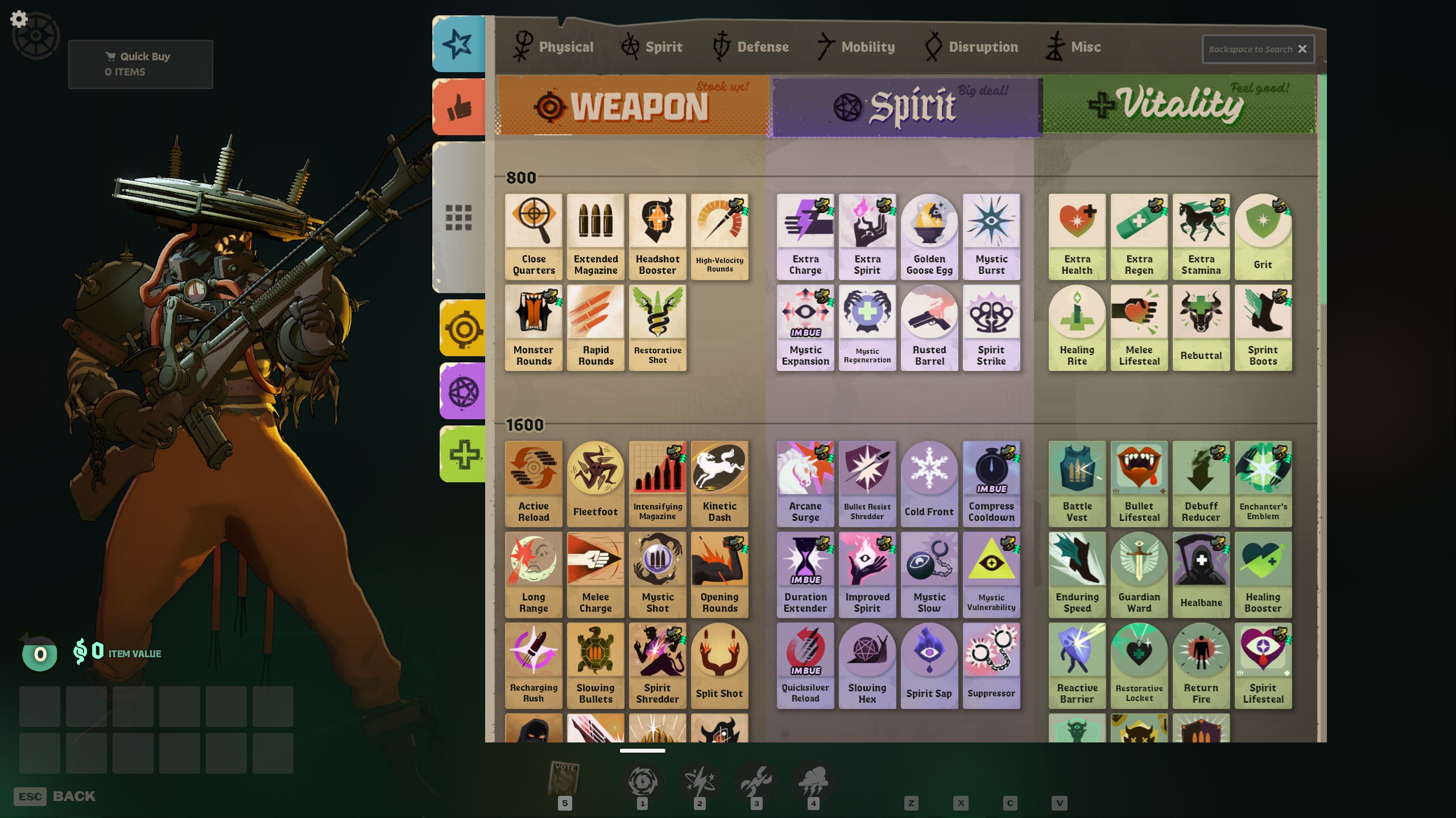 The item shop with Weapon, Spirit, and Vitality columns and rows priced at 800 and 1,600 souls.