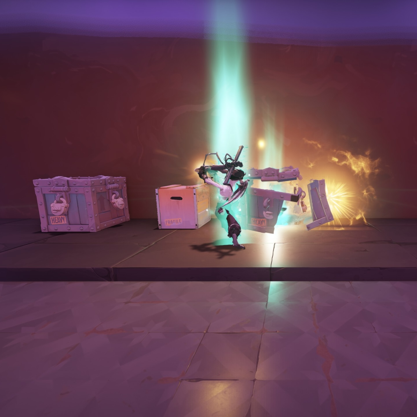A hero using Heavy Melee to break a Tough Crate.